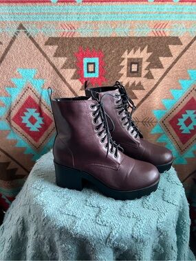MIA Burgundy Lace-Up Chunky Heel Ankle Boots